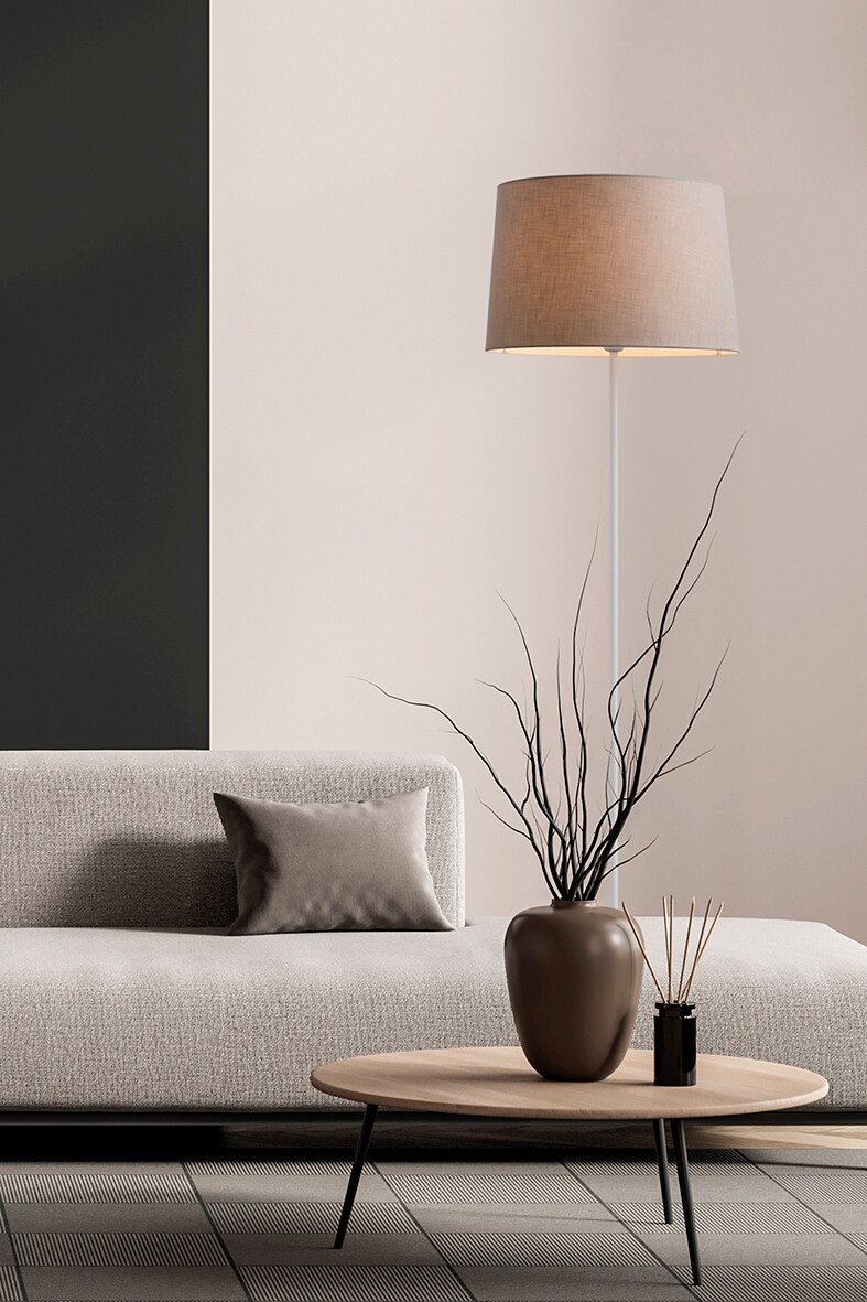 Ein Stehlampen-Set mit Sofa und Couchtisch.