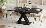 thumbnail of Ausziehbarer Esstisch 160x80x76  Schwarz mit schwarz weißer Musterplatte X Querstreben Metallauszug MDF Tischplatte für Küche Wohnzimmer Balkon