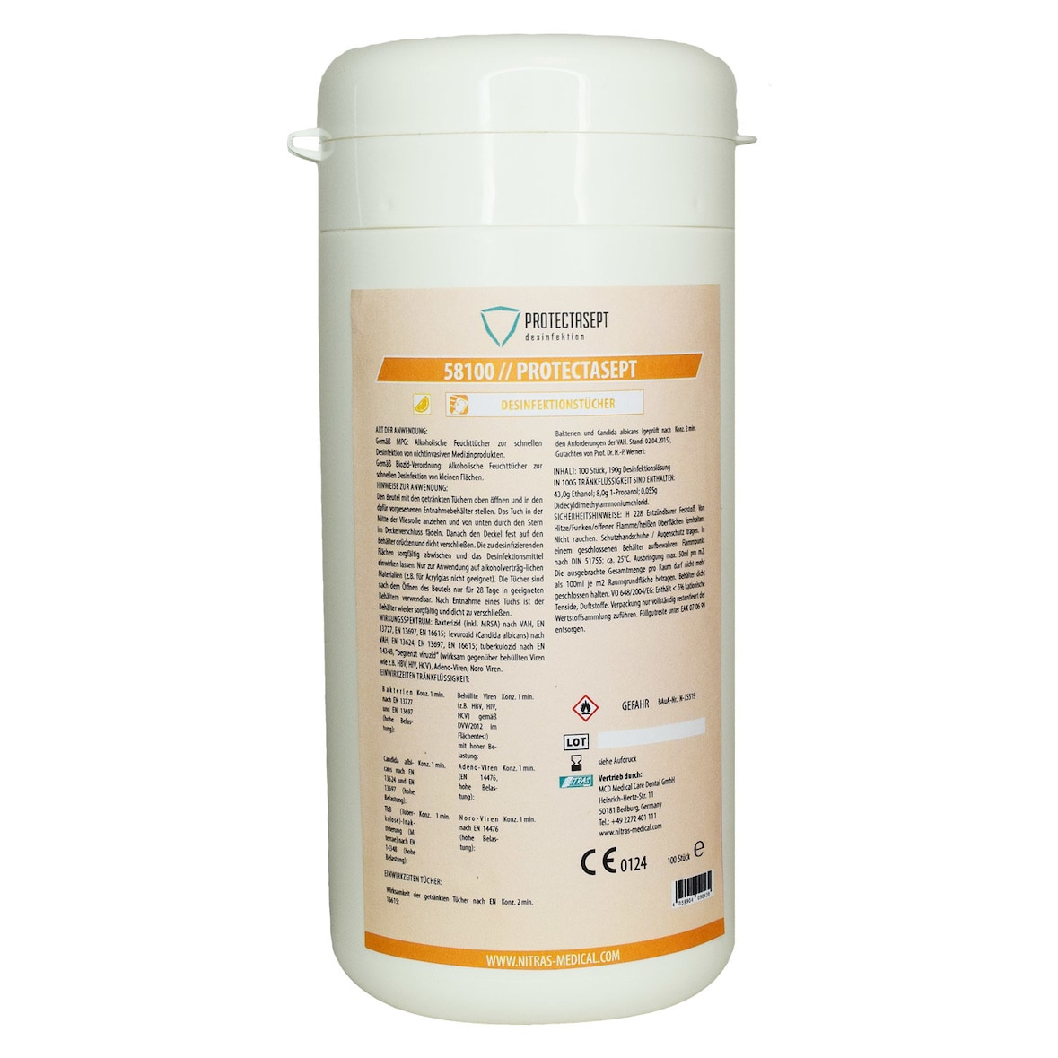 Nitras Desinfektionstücher 58100, Protectasept- gebrauchsfertig VAH gelistet 100 Stück pro Dose  100 Stück