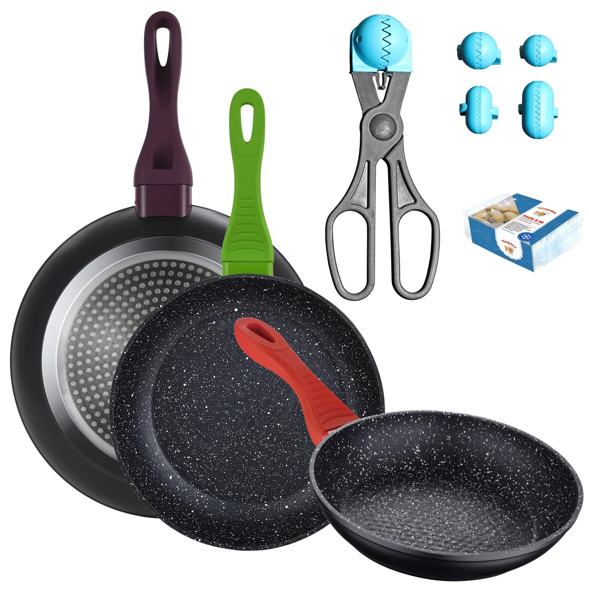 San Ignacio - Set aus 3 Pfannen Ø20/24/28 cm aus geschmiedetem Aluminium mit Küchenutensilien für Kroquetas in Blau