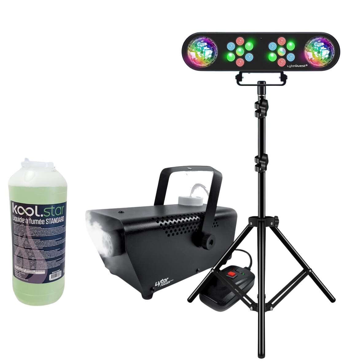 Décoration Halloween Mini Machine à fumée et 1L de Liquide, Portique Lumières multi-rayons, LyteQuest