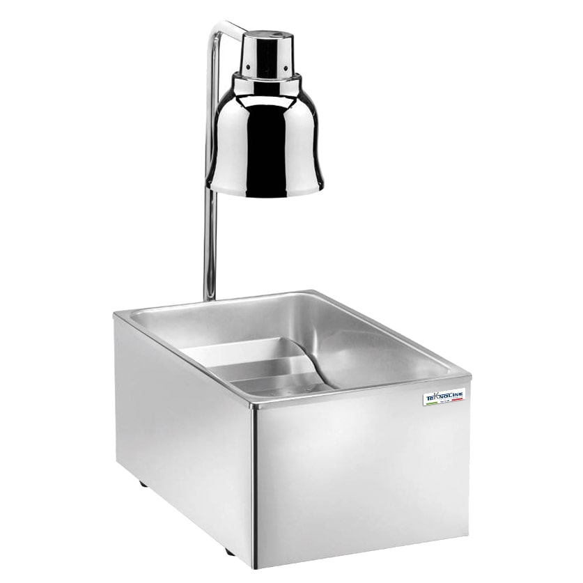 Teknoline,SCALDAFRITTI,acciaio inox, Vasca GN 1/1 fondo forato, Portalampada in rame cromato diam.175mm,Lampada rossa a raggi infrarossi,Mod.SPT250.