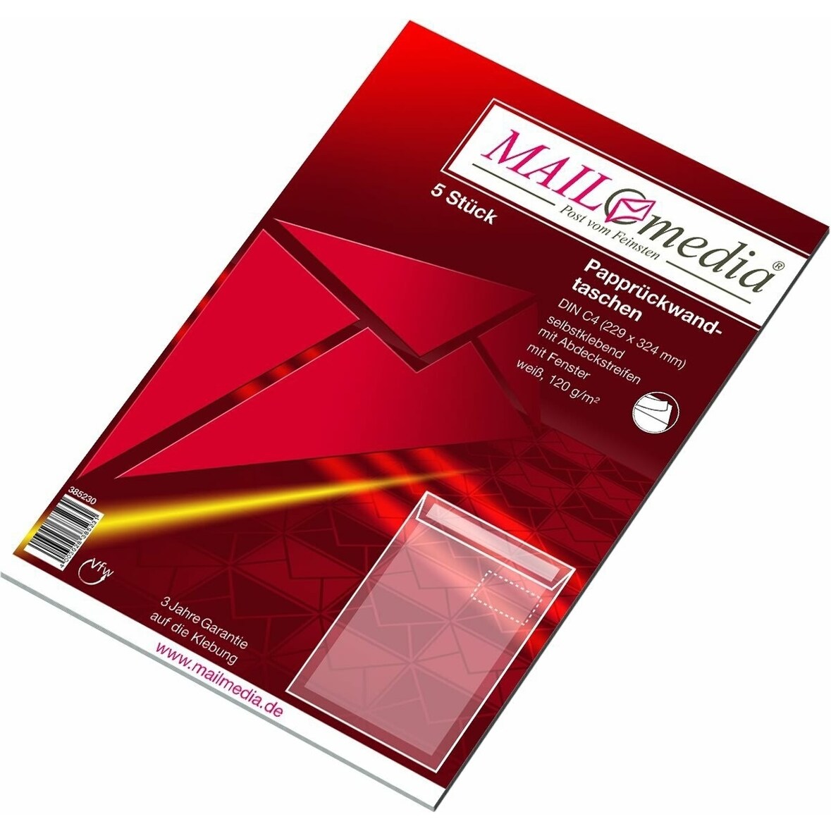 Papperückwandtaschen C4 mit Fenster 120g/qm haftklebend weiß VE=25x5 Stück