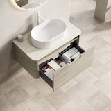 thumbnail of Badezimmer-Waschtisch 50×80×46 cm mit ovalem Waschbecken aus Keramik und Travertin-Sintersteinplatte, Eiche Beige+Off White+Weiß