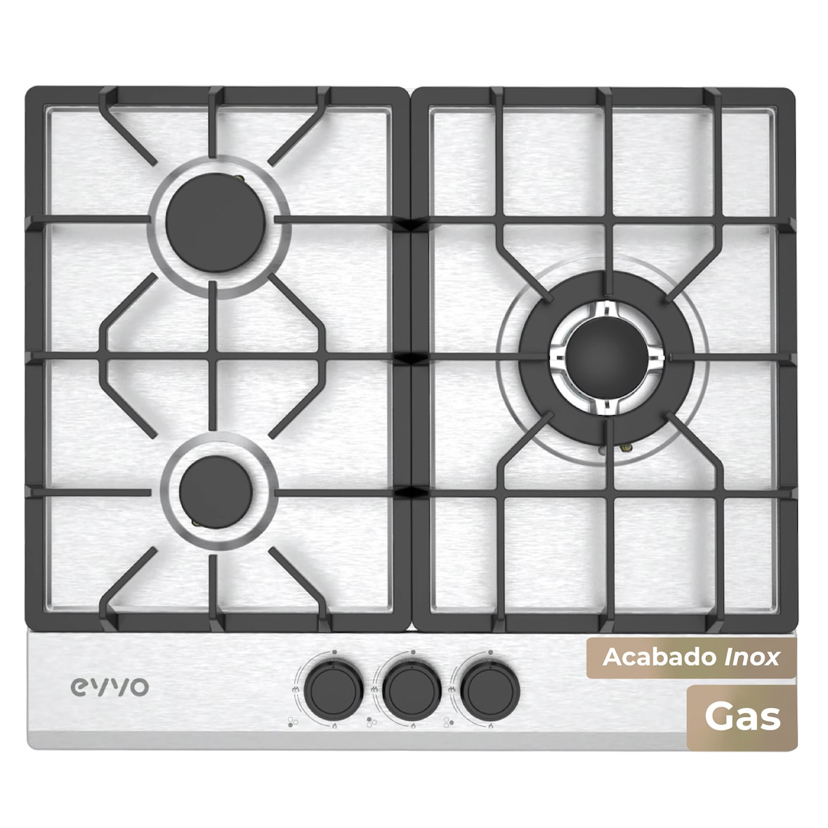 Placa de Gas EVVO V66 Inox — 3 quemadores, acabado acero inoxidable, compatible con Gas Natural y Butano
