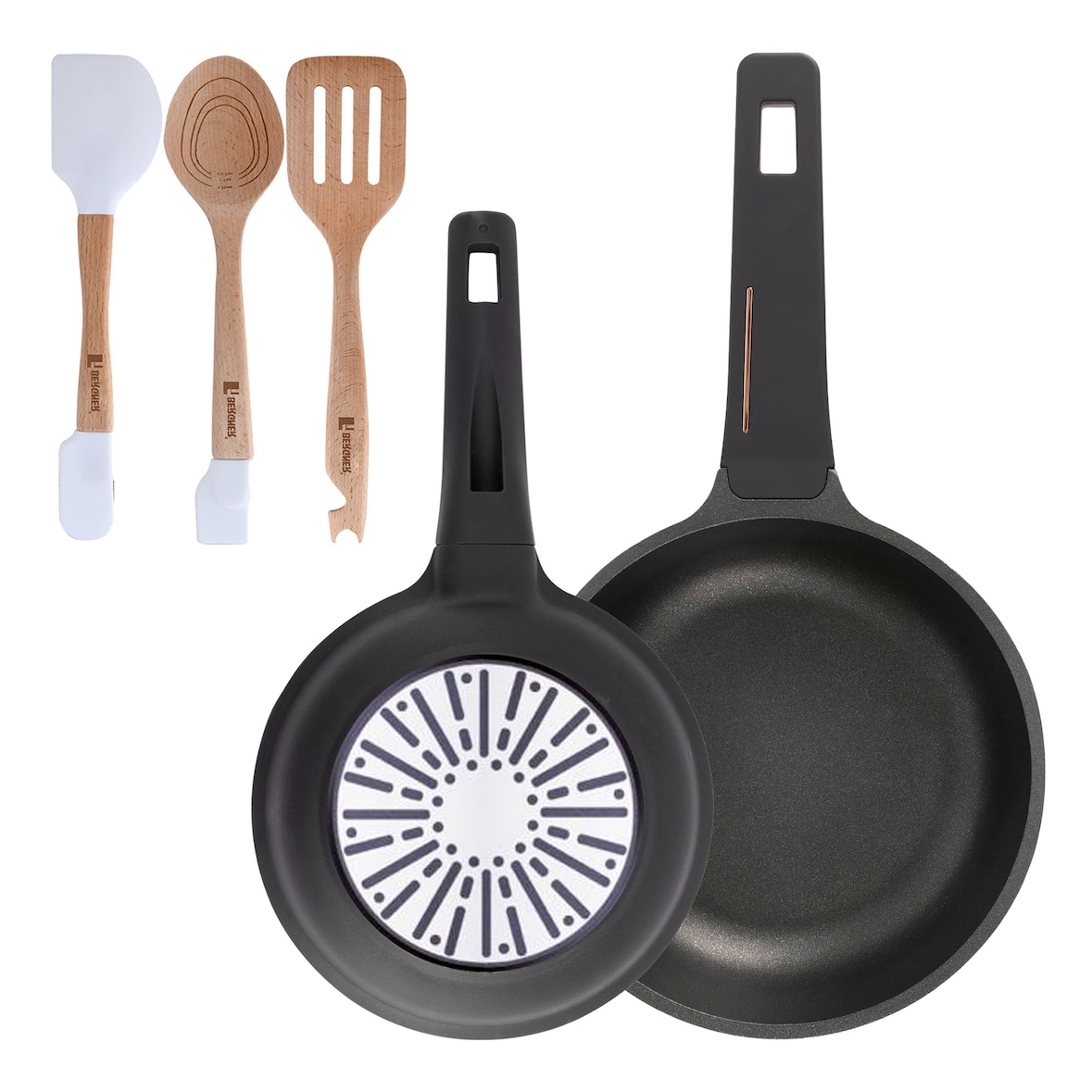 BERGNER - Juego de sartenes Ø20/24cm en Aluminio Fundido Apto para inducción con Juego de 3 Utensilios de Cocina en Silicona y Madera