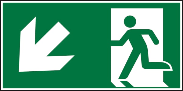 Rettungszeichen, Notausgang abwärts links - ASR A1.3 (DIN EN ISO 7010) - 300x150x1.5 mm Kunststoff