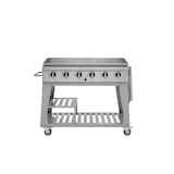 thumbnail of METRO PROFESSIONAL Piastra a gas con 6 bruciatori, acciaio / acciaio inox, 165x62x101cm, tavolino laterale, con copertura protettiva e ruote, argento