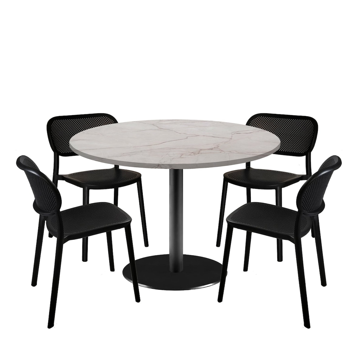 Restootab - Lot de 1 table Ø120cm et 4 chaises - pied noir plateau marbre yule