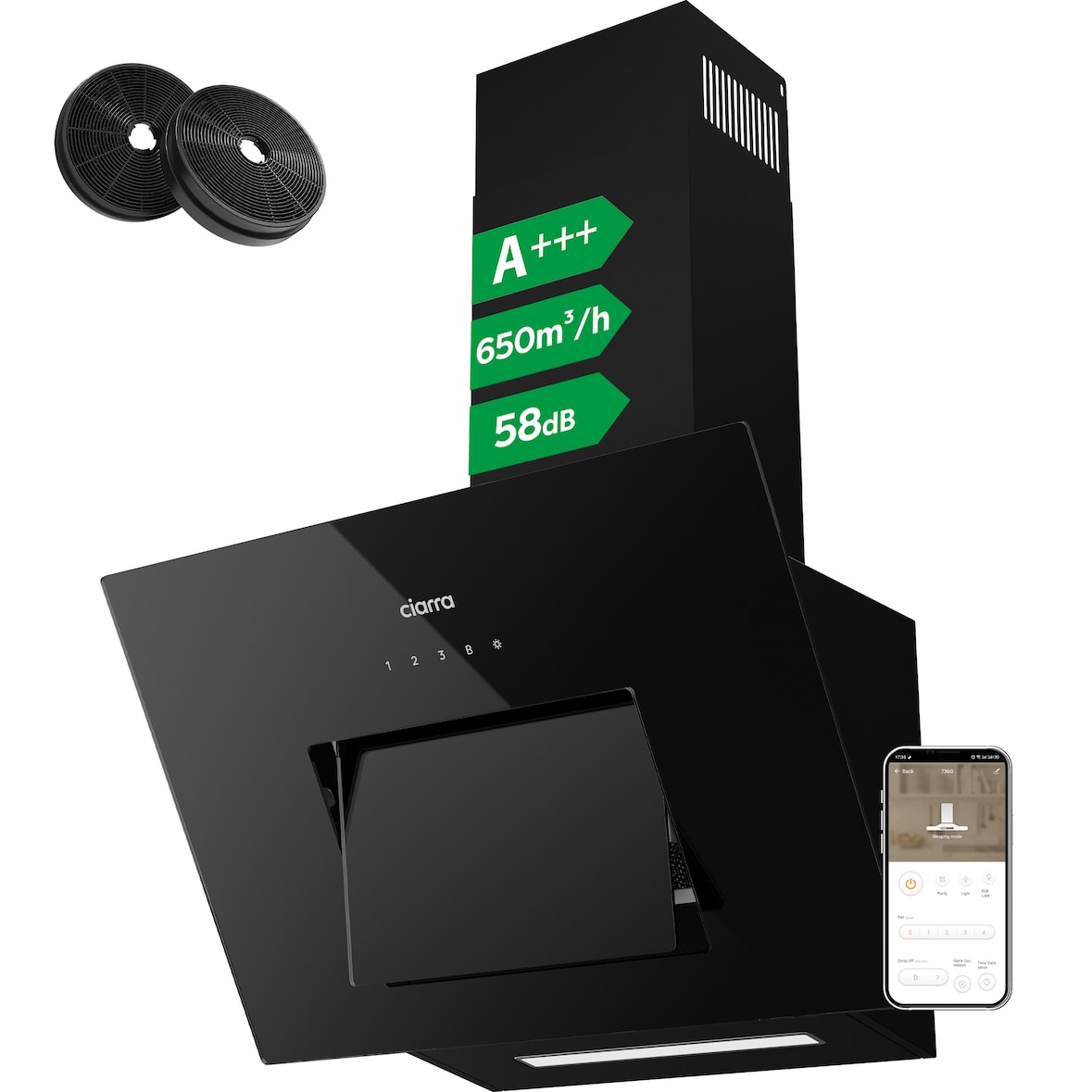 CIARRA Capô sem Cabeça A+++ 650 m³/h Exaustor 60 cm WIFI + APP & Controle Touch Boost VM6736MB