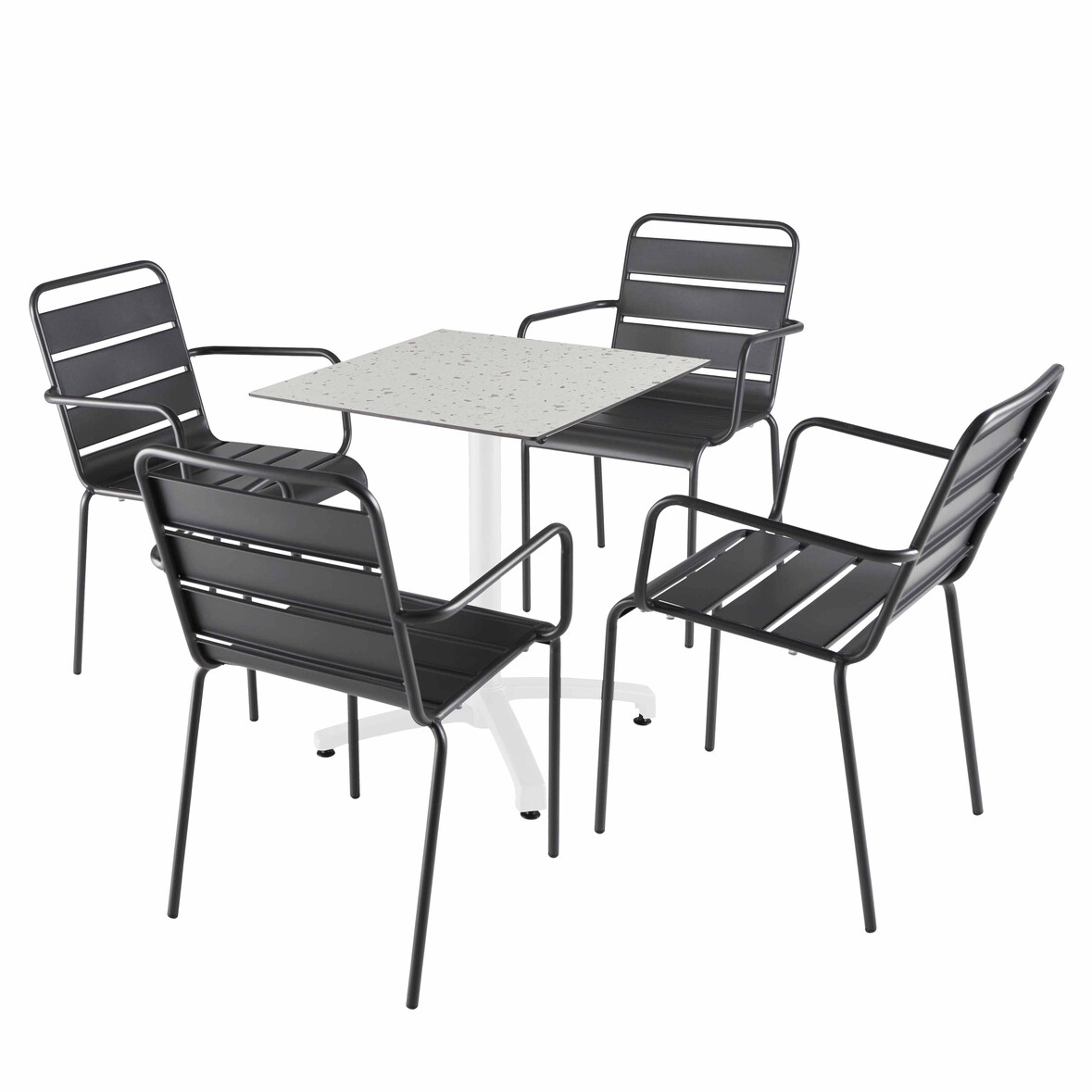 Set van 60 cm terrazzo tafel en 4 grijze metalen stoelen
