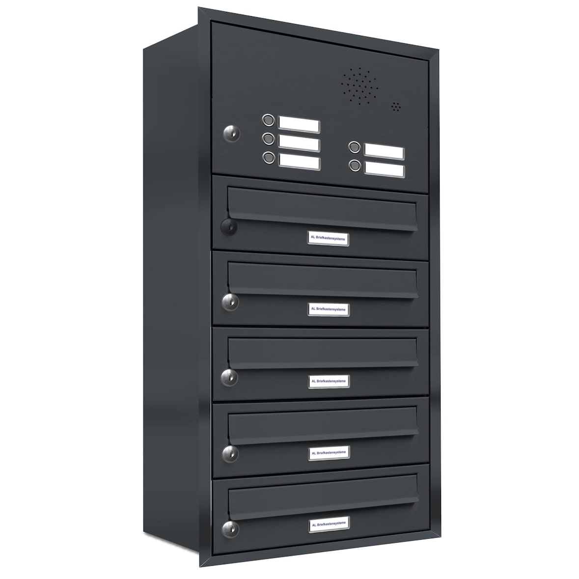 AL Briefkastensysteme 5 Fächer Premium Unterputz Briefkasten Anlage mit Klingeln RAL 7016 Anthrazit Grau, A4, wetterfest, Artikelnummer 132P5U1KSP7016