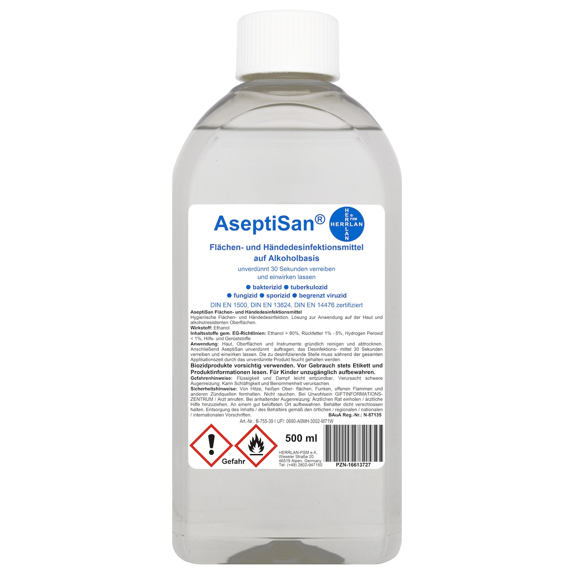 AseptiSan - 500 ml Spritzflasche I Händedesinfektionsmittel I Pharmazentral-Nr-16613727 I HERRLAN Qualität I Made in Germany