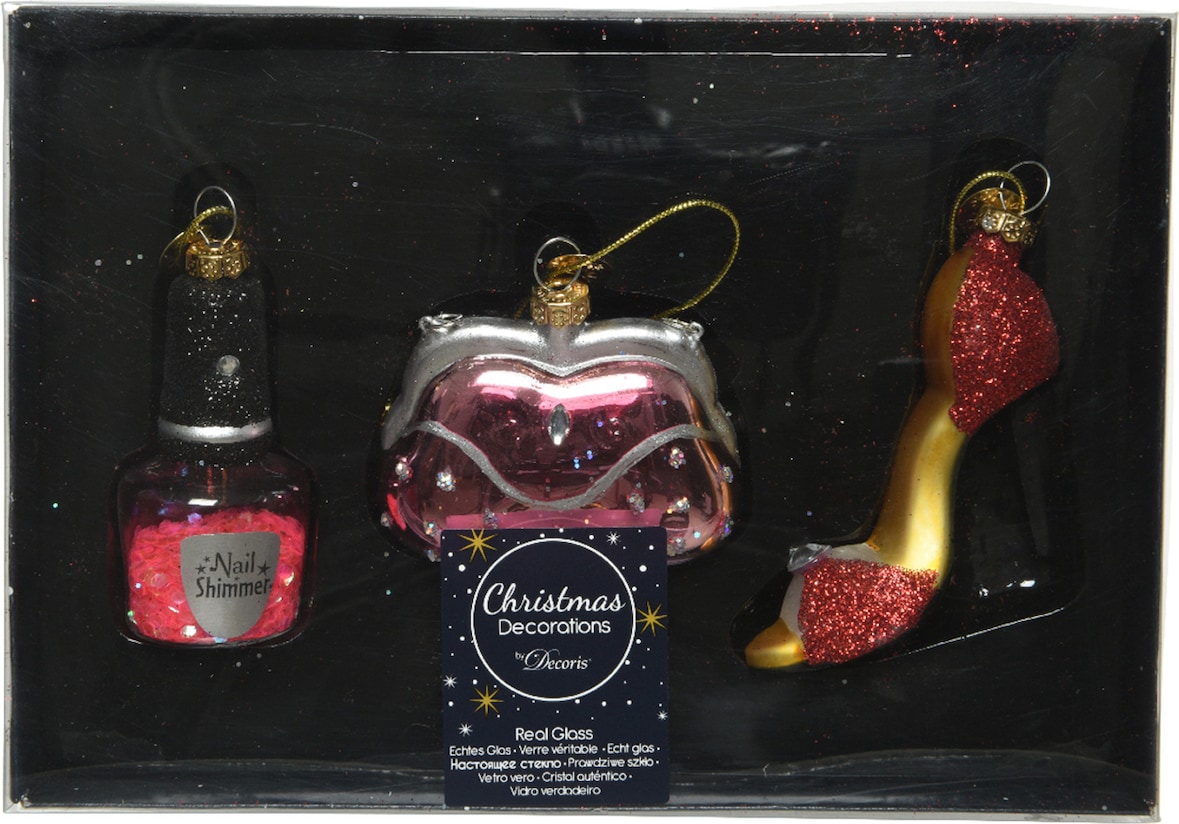 3er Beauty Fashion Set Glas 7cm Christbaumschmuck Weihnachtskugeln Mode rosa rot