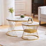 thumbnail of Couchtisch Set 2tlg rund Weiß+Gold Nesting Sofatisch Hochglanz Marmormuster MDF Beistelltische platzsparend mit Metallgestell 45×70×70 cm