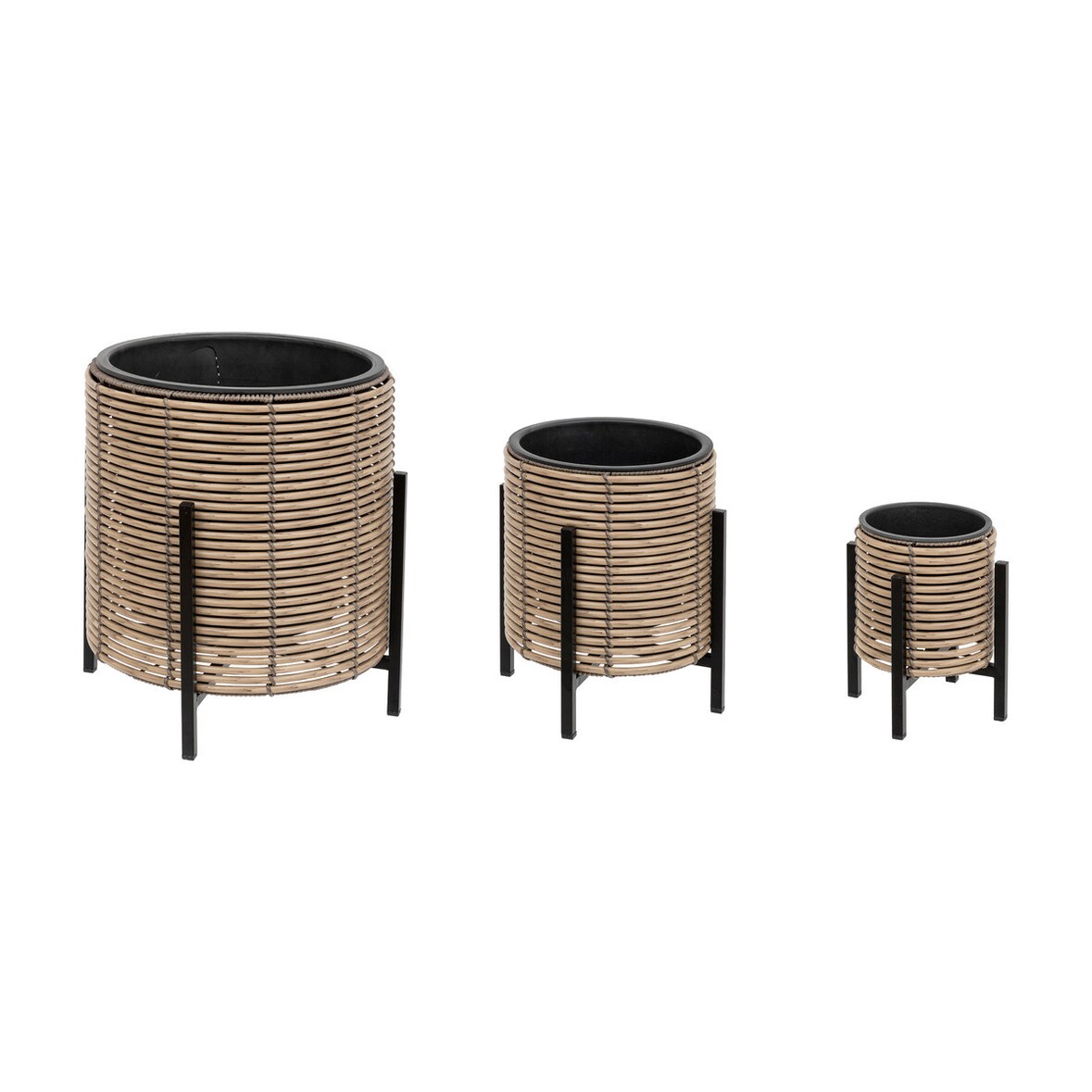 Lot de 3 Cache-pots aspect Rotin sur pied en métal Noir D 17 D 25 et D 36 cm