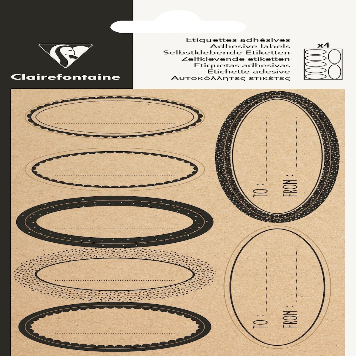 Clairefontaine 10x Packung mit 28 selbstklebenden Etiketten Kraft, Oval mit schwarzer Umrandung - Schwarz 617067C