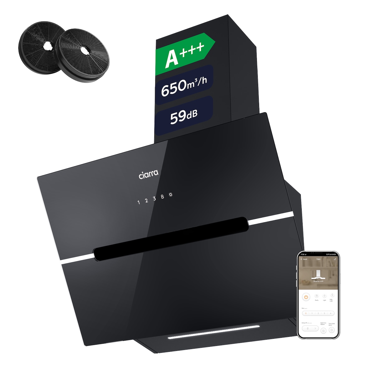 CIARRA Afzuigkap 60cm A+++ 650 m³/h WIFI + APP & Touch Control Booster recirculatie VM6736FB