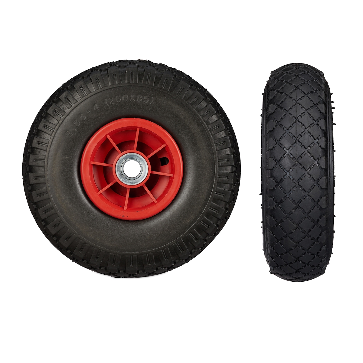 Relaxdays 2x Sackkarrenrad, pannensichere Vollgummireifen, 3.00-4 Zoll, 20 mm Achse, bis 80 kg, 260 x 85 mm, schwarz-rot