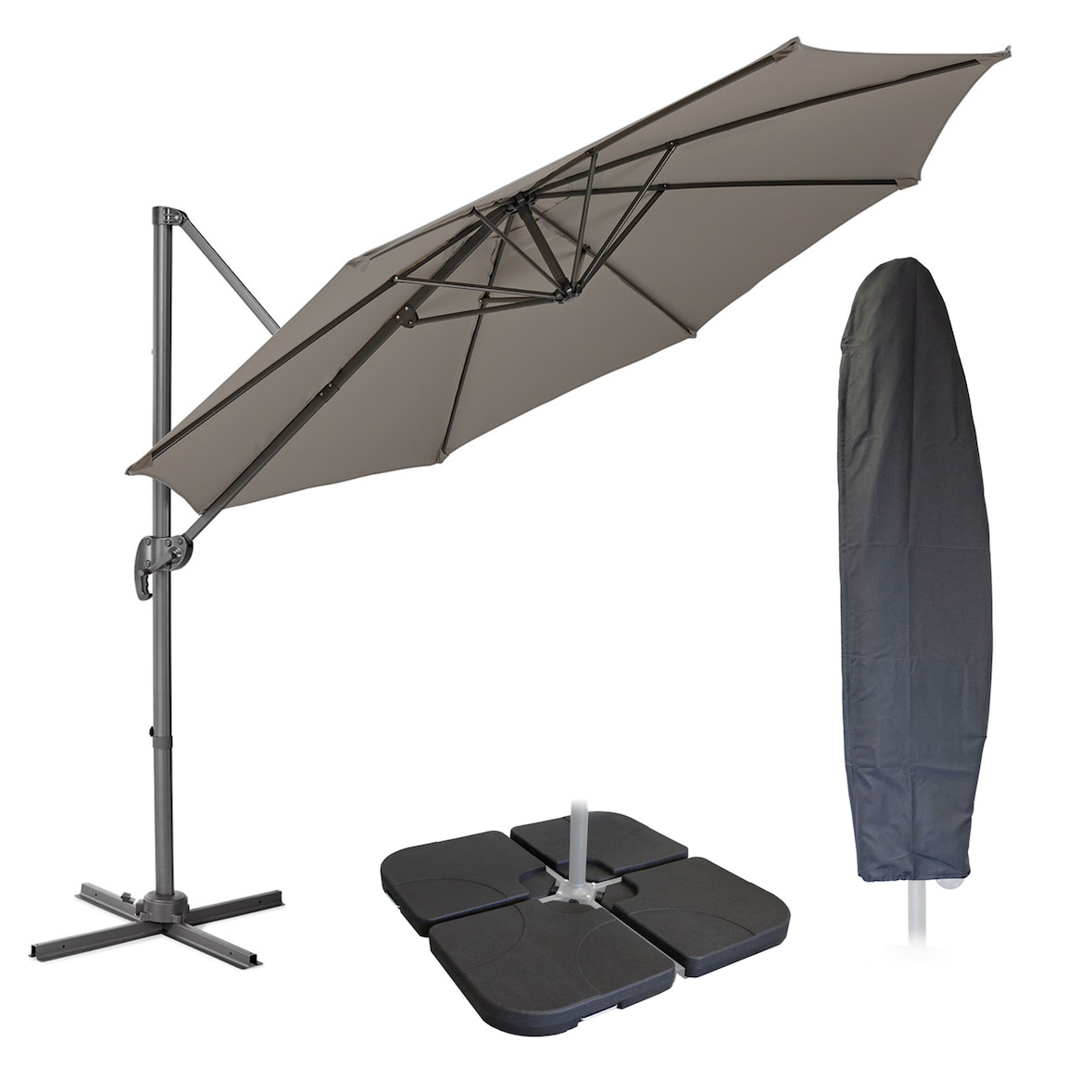 SVITA Zwenkparasol 3m met beschermhoes Parasolstandaard opvulbaar 4-delige kantelparasol Zwenkparasol grijs