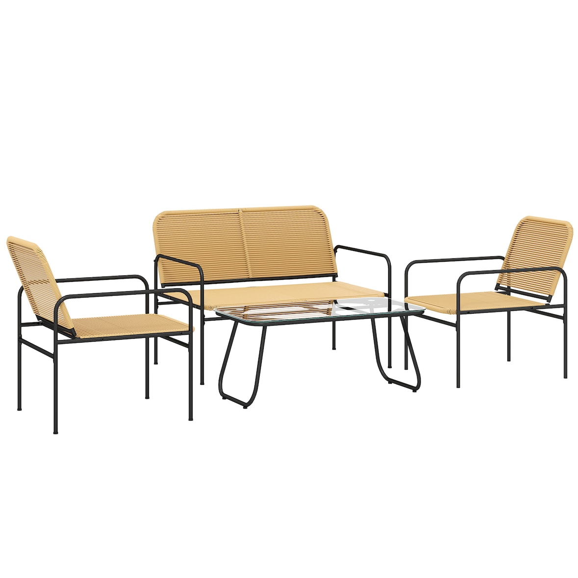 Outsunny conjunto jardín exterior de ratán resistente a la intemperie con 2 sillones sofá de 2 plazas y mesa de tablero de vidrio templado natural