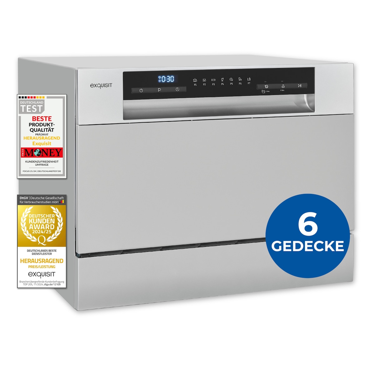 Exquisit Mini-Geschirrspüler, Tischspülmaschine, 55 cm breit, spülmaschine klein, Auto Türöffner, ECO-Modus, GSP5206-030D silber