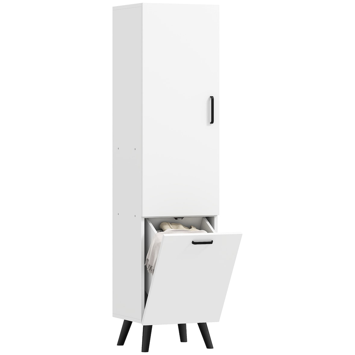 HOMCOM armario de baño alto columna de baño estrecho con puerta cesto para ropa sucia y estantes mueble auxiliar para salón 35x31,5x144 cm blanco