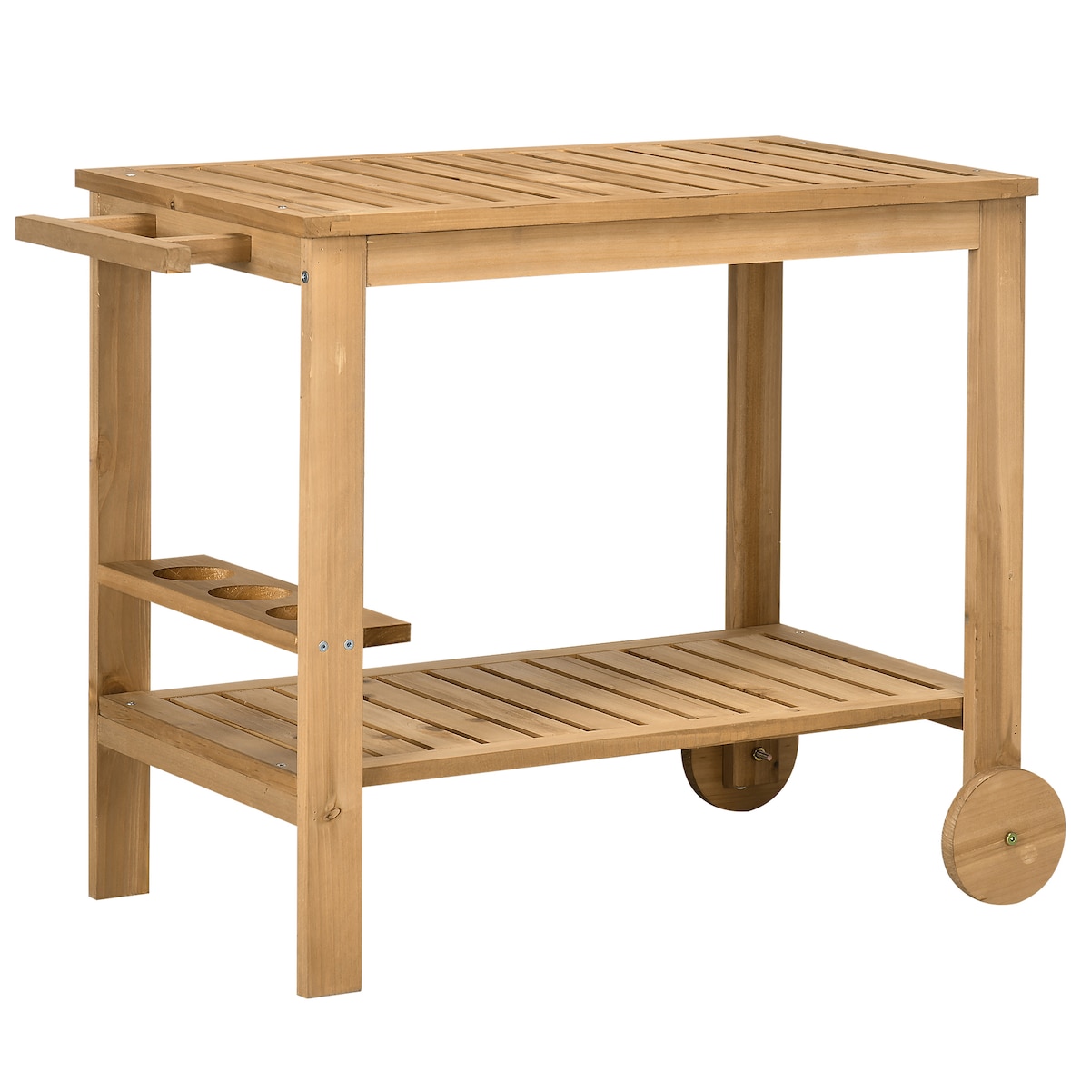 Outsunny carrito de madera de bar carro de servicio de 2 niveles con asa lateral 3 portabotellas y 2 ruedas para jardín patio terraza 95x47x74 cm