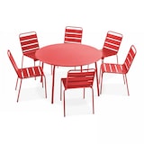 thumbnail of Set van ronde tuintafel en 6 rode metalen stoelen