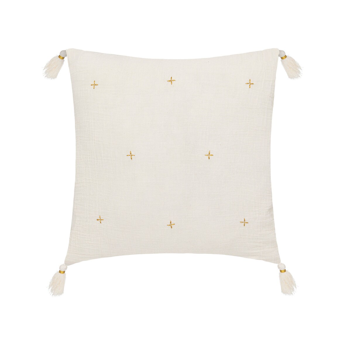 Coussin décoratif Blanc Ivoire brodé doré avec pompons 40 x 40 cm