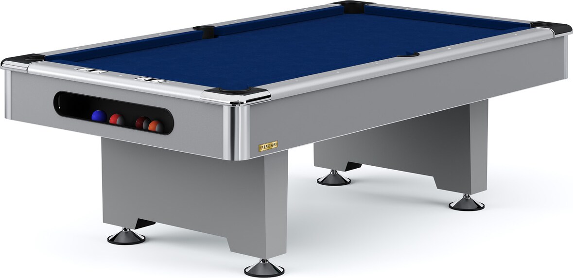 Ein grauer Billardtisch mit blauer Spielfläche.