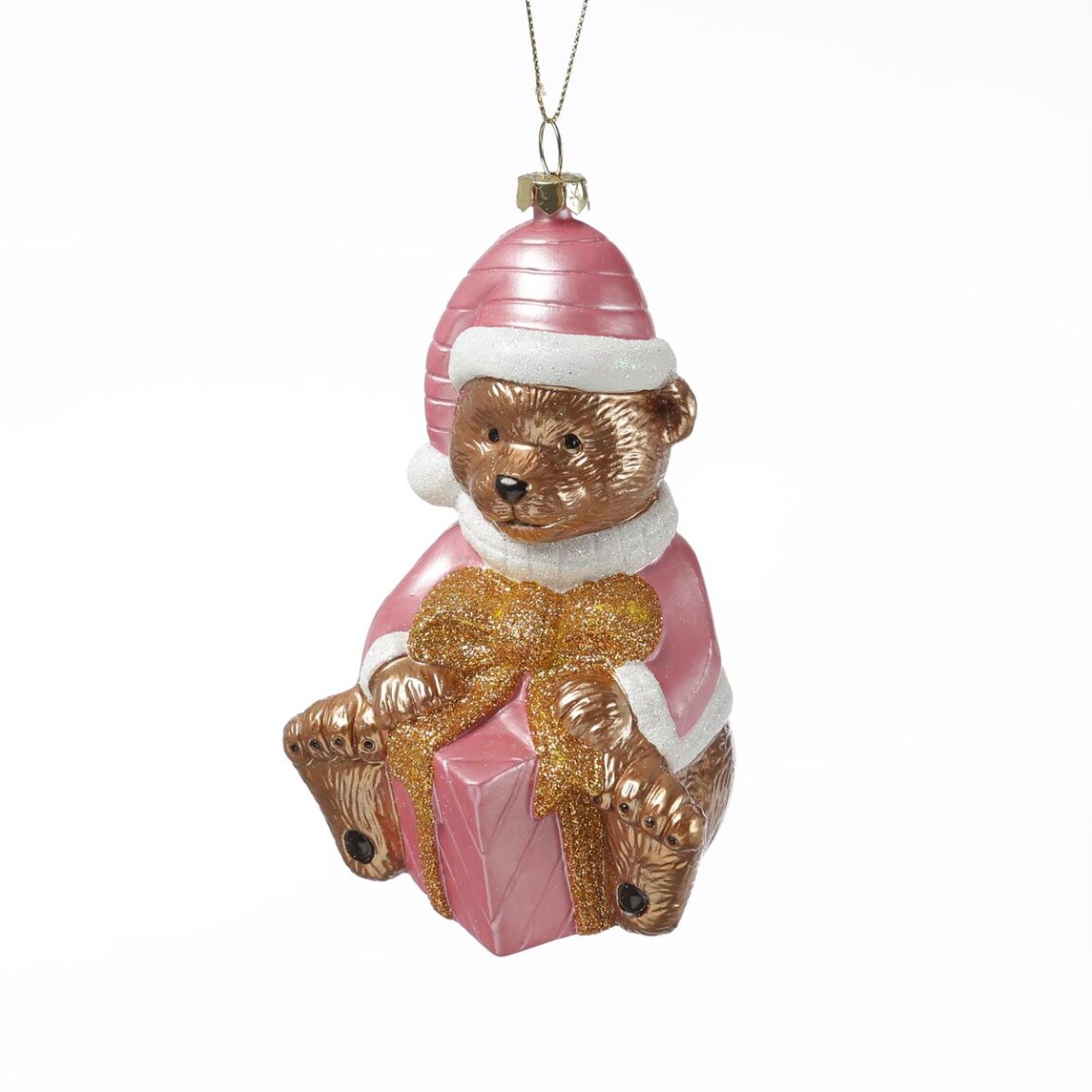 Weihnachtsbaumschmuck Teddybär mit Geschenk bruchfest H: 13cm rosa
