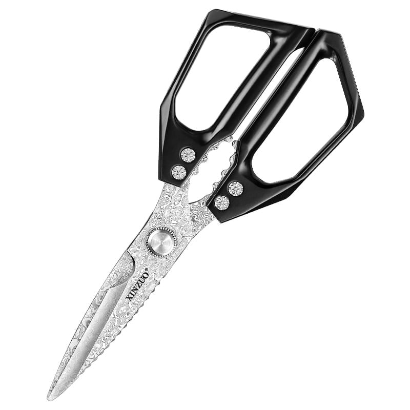 XinZuo - Keukenschaar Damascus 110 laags - lengte 23 cm - gewicht 213 gram - zwart handvat van aluminiumlegering