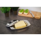 thumbnail of Relaxdays Butterdose mit Griff 6 x 19,5 x 13 cm HxBxT, 250 g Butter Schale mit Butterglocke in Edelstahl-Optik, silber