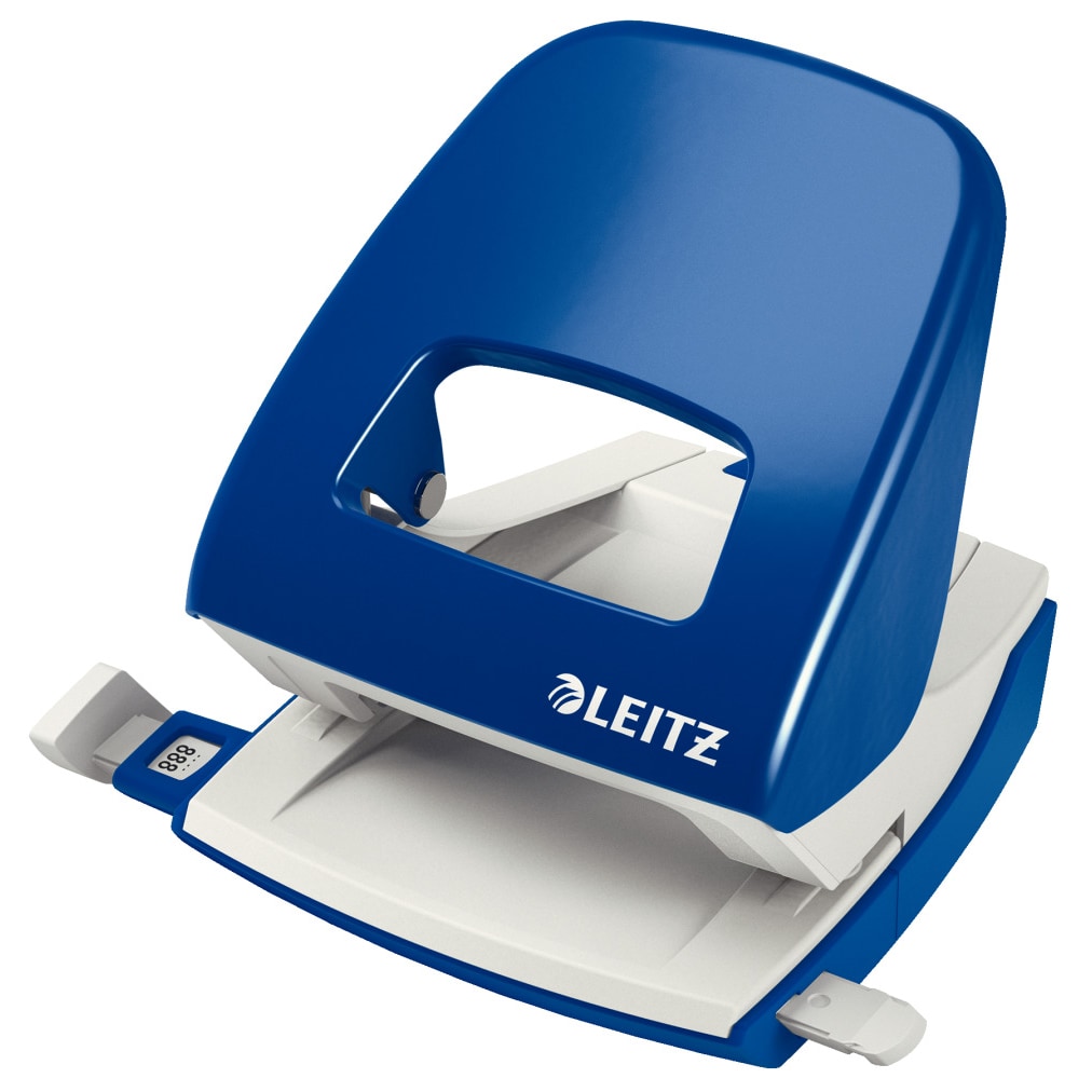 LEITZ Perforatore in metallo da Ufficio, Capacità fino a 30 Fogli, Blu, Guida di Arresto con Barra di Selezione del Formato, Gamma NeXXt, 50080035