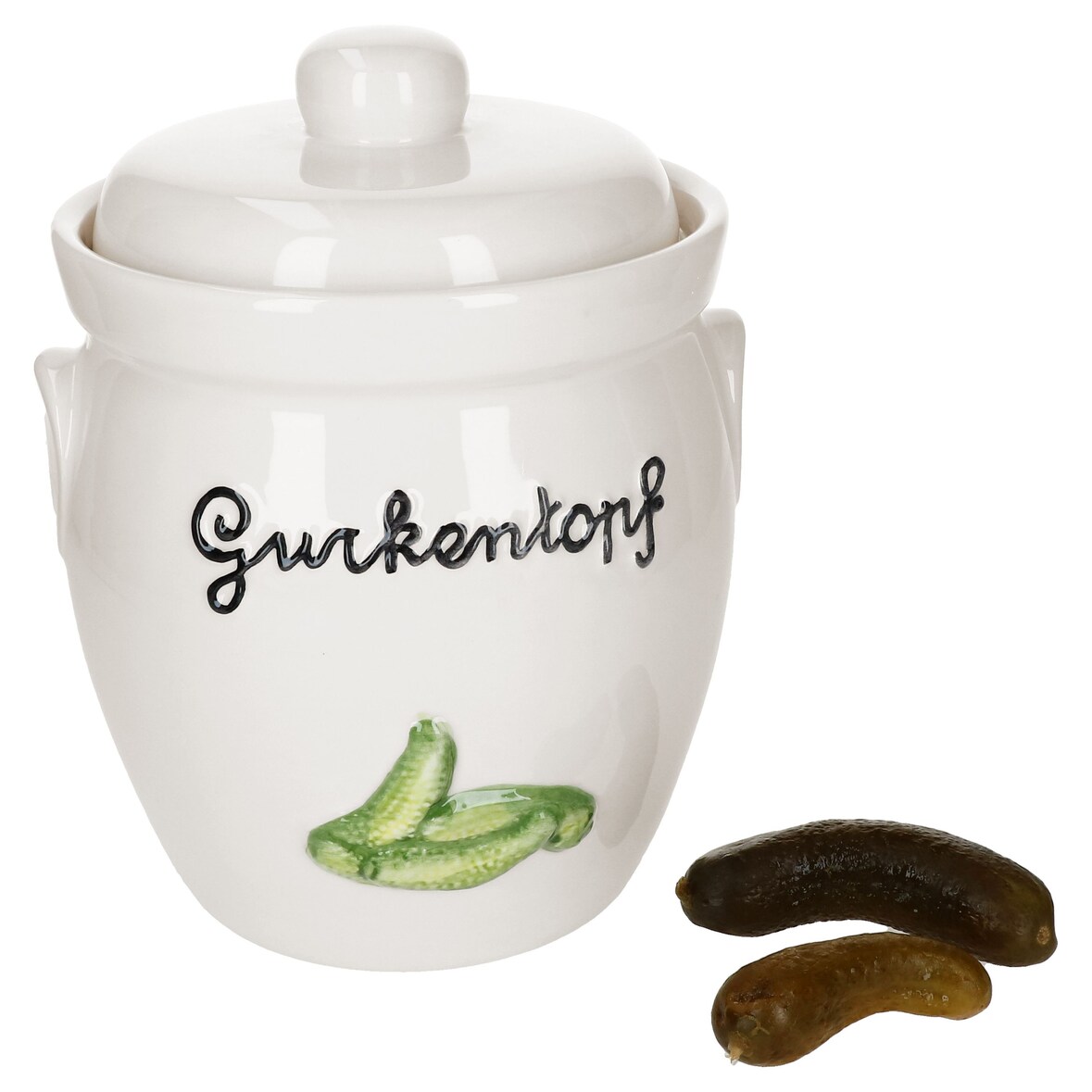 Gurkentopf Gürki 3 Ltr Porzellan weiß Gurkenmotiv Gärtopf Sauerkrauttopf Rumtopf