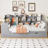 thumbnail of Multifunktionales Schlafsofa-Bett mit Schreibtisch aus Massivholz 90x200cm grau–Platzsparend mit Steckdose, Regalen & Schubladen für Wohnung