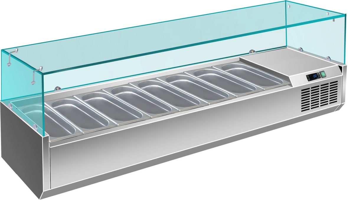 Gastro Edelstahl Kühlaufsatz Aufsatzkühlvitrine Pizzakühlaufsatz 8 x 1/3 GN mit Glasaufsatz