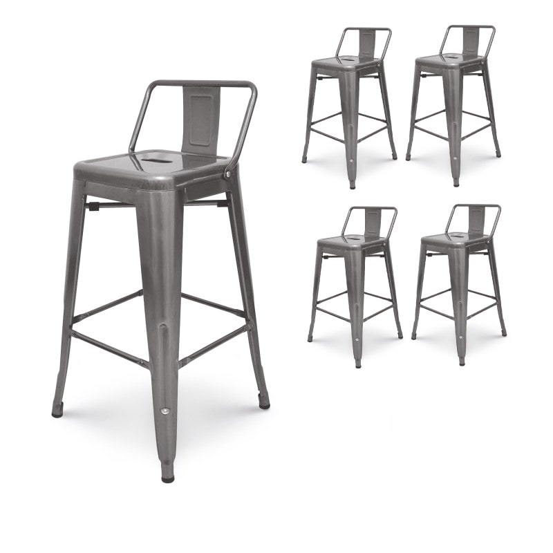 Set di 4 sgabelli da bar in metallo grezzo zincato stile industriale - Con schienale - Altezza 66 cm
