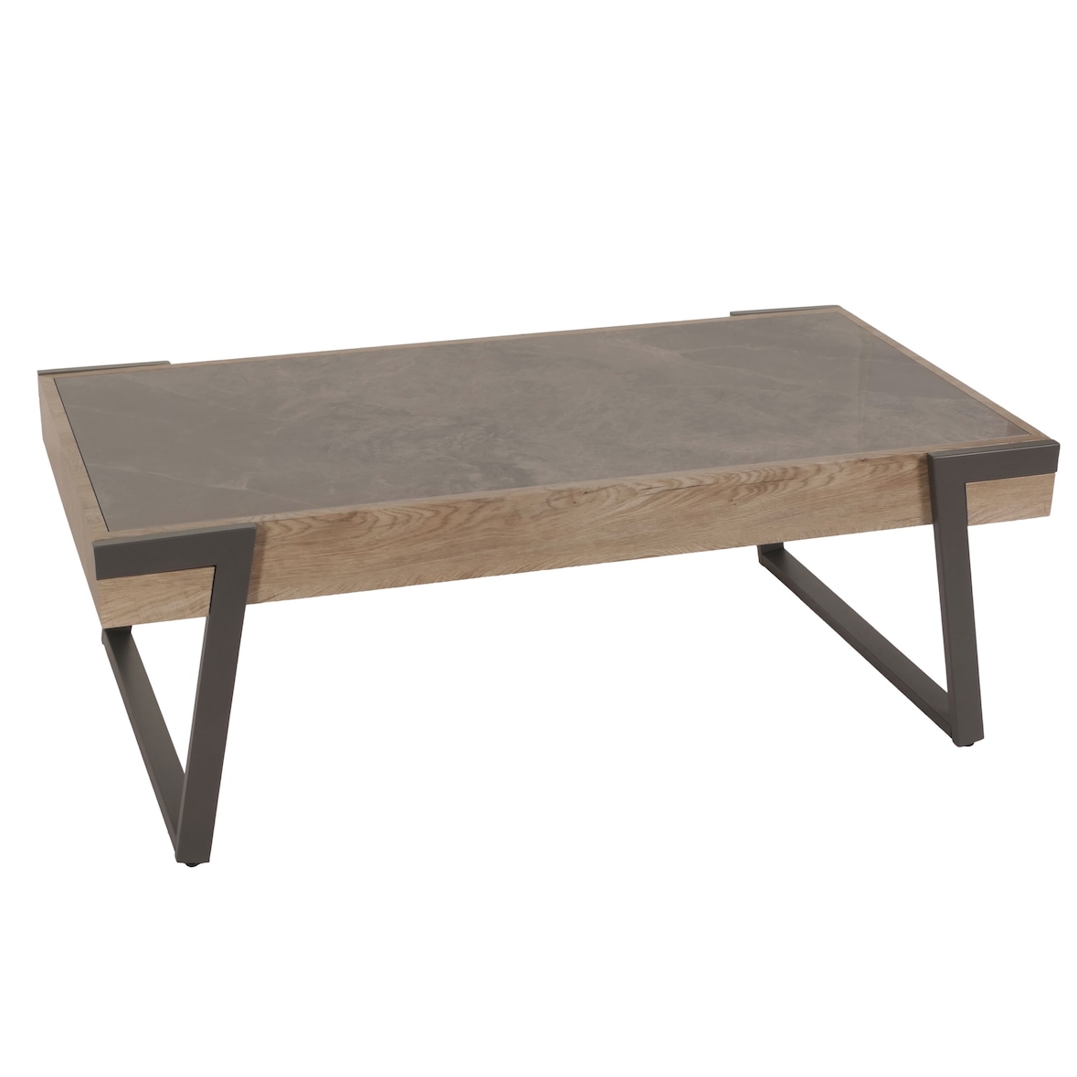 Mesa de centro HWC-L89, mesa para sofá, mesa para sala de estar, ferro 43x120x64cm pedra sinterizada mármore aspeto madeira cinzenta cinzento-castanho