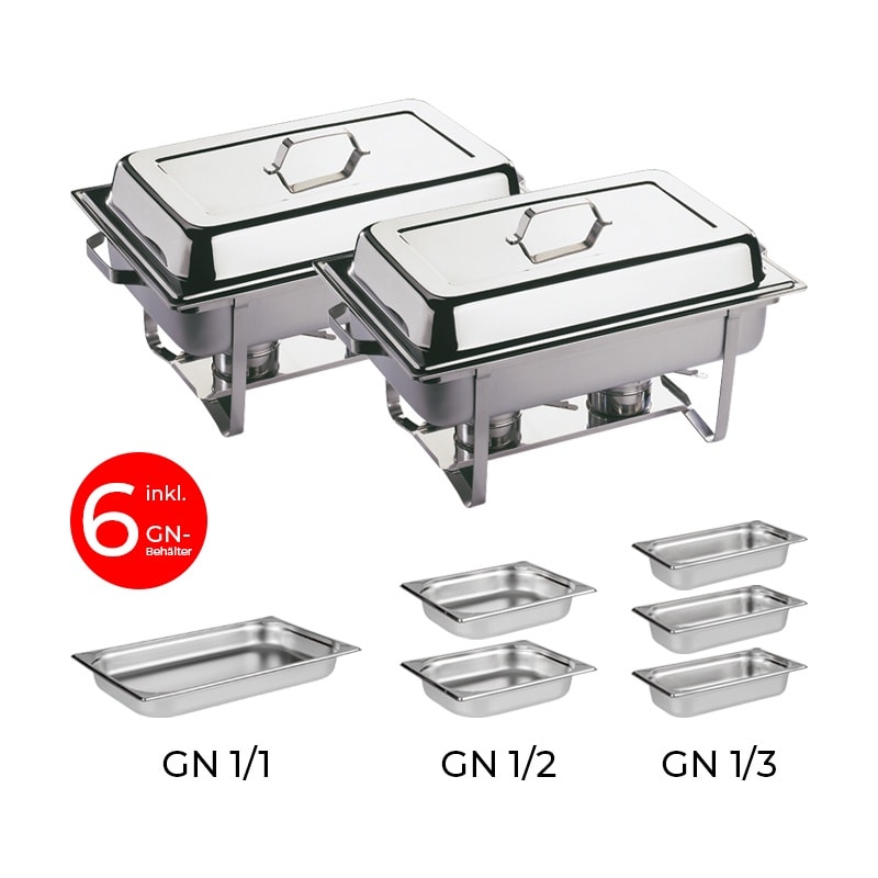APS Set van 2 chafing dishes -MULTI PLUS-, 2 stuks, elk 61 x 36 cm, H: 30 cm/ met 6 containers + 4 brandpasta containers