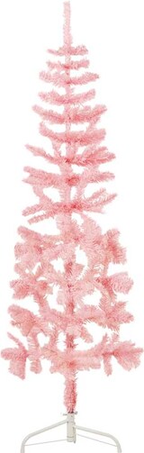 Ein schmaler, rosa Weihnachtsbaum mit weißem Ständer.