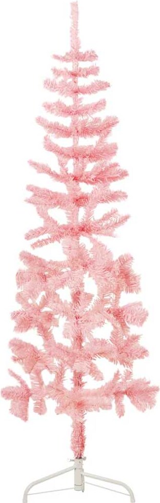 Ein schmaler, rosa Weihnachtsbaum mit weißem Ständer.