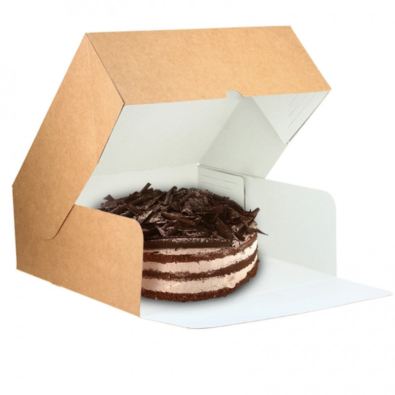 25 unidades. Caixa de bolo de papel kraft com abertura frontal (26x26x10 cm) Ref TAR008