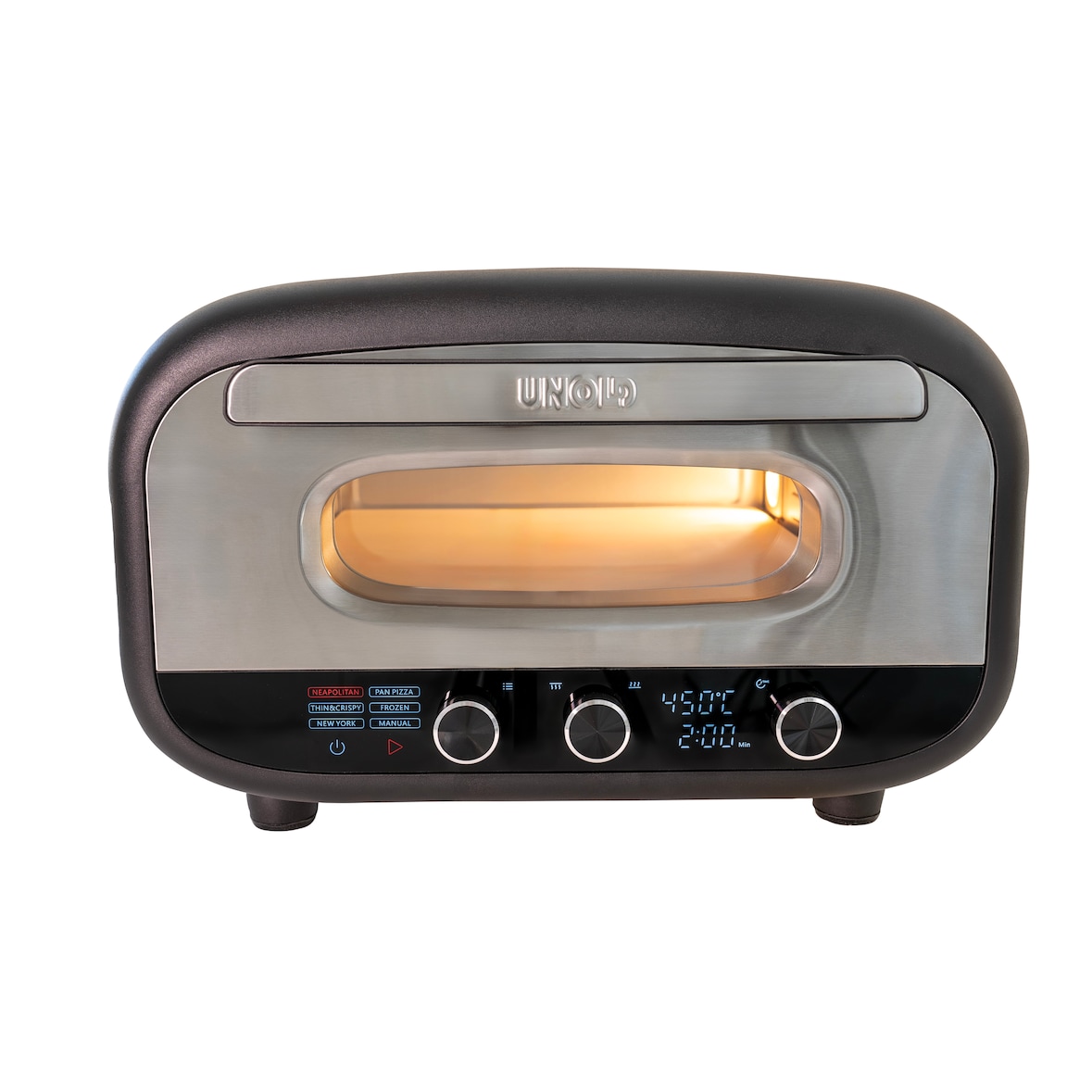 Unold 68806 Pizzaofen Alfredo, Elektrisch, 450 °C, inkl. Zubehör, energiesparend, 2 min Backzeit, Automatikprogramme, Profi Pizza, 1.700 Watt