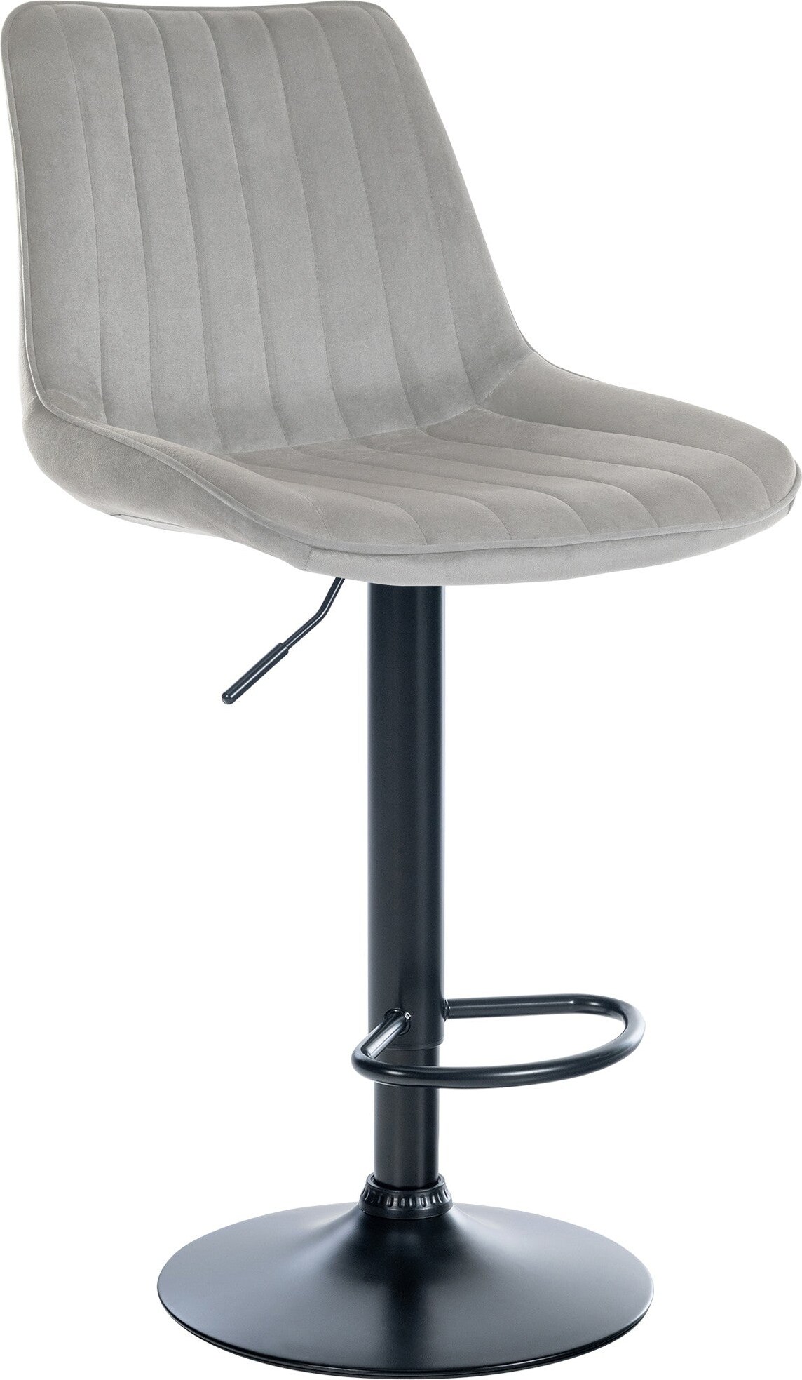 Décoshop26 - Barhocker x1 höhenverstellbar 360° drehbar grauer Samtsitz mit vertikalen Ziernähten schwarzes Metallgestell 10_0005429