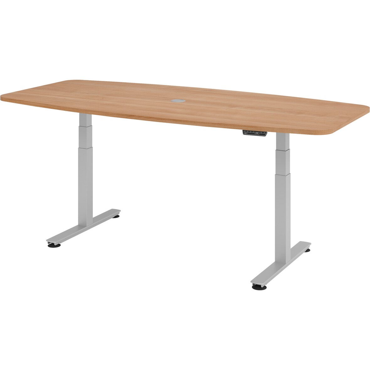bümö Konferenztisch elektrisch höhenverstellbar 220x103 in Nussbaum, Gestell: Silber - elektrischer Besprechungstisch oval mit Memoryfunktion