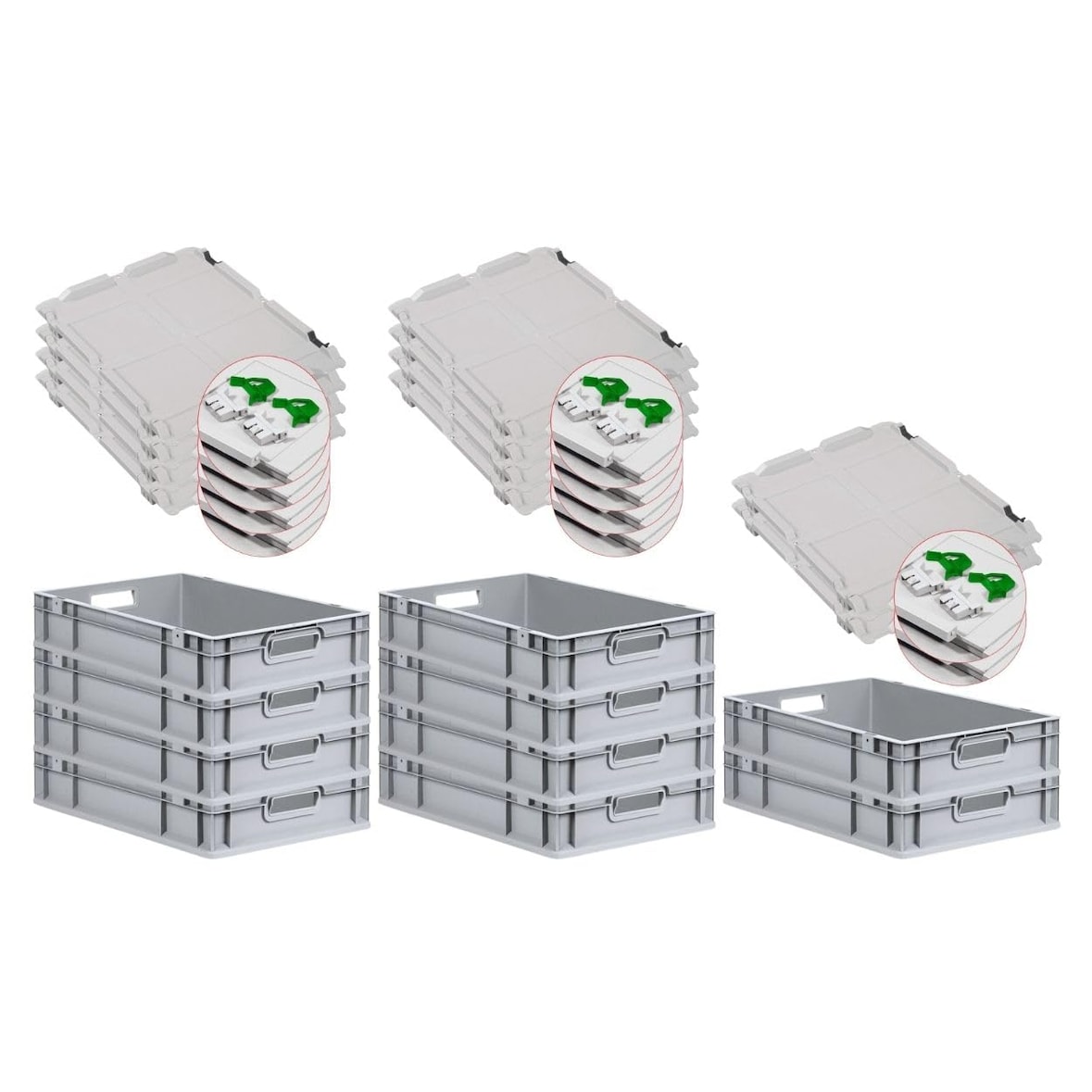 PROREGAL SuperSparSet 10x Eurobox NextGen Economy mit Scharnierdeckel & grünen Verschlüssen, Griffe offen, HxBxT 12x40x60cm, 23L, Eurobehälter, Box