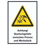 thumbnail of Achtung Quetschgefahr zwischen Presse und Werkstück A4 Rückseite selbstklebend Schild