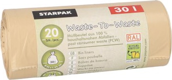 500 Müllbeutel mit Tragegriffen aus 100% PCW `Waste-To-Waste` 30 l 64,5 cm x 54 cm beige